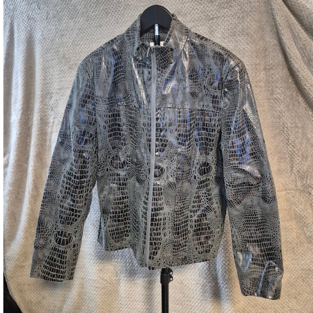 Erin London Womens XL Grey Crocodile Embossed Faux Leather Zip Up Jacket